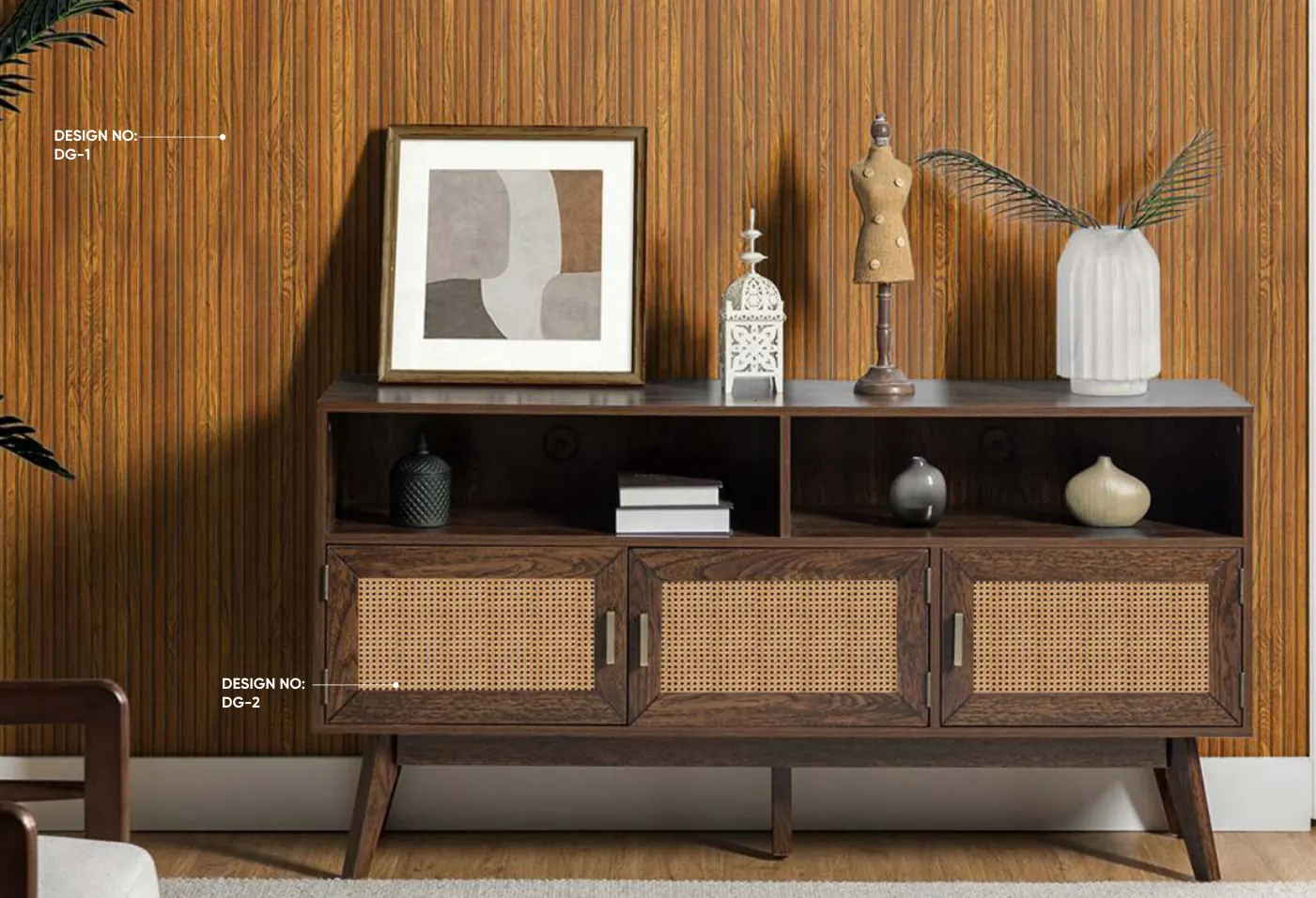 Woodgrain wall and cane-weave cabinet finished in laminate