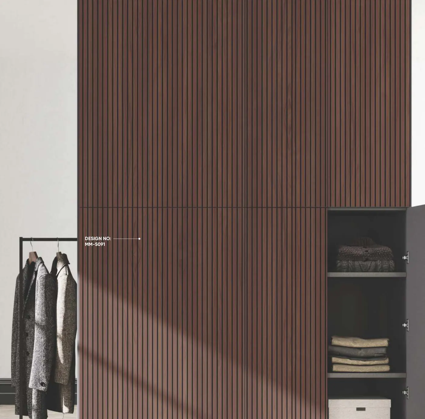 Fluted woodgrain wardrobe finished in laminate
